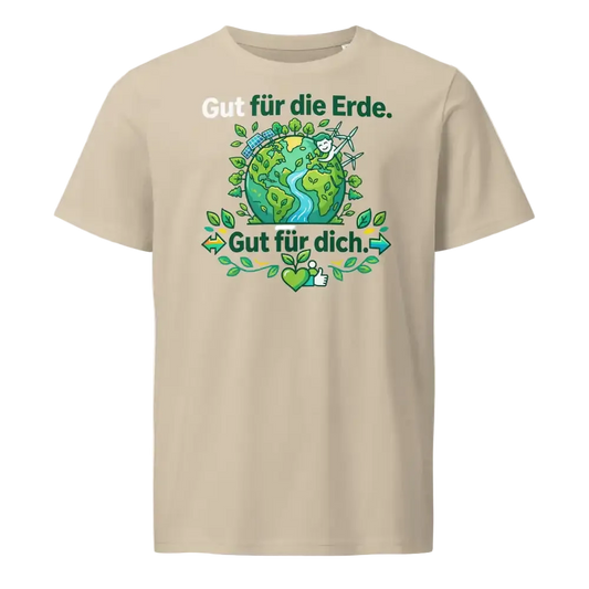 Damenmodel trägt beiges Unisex T-Shirt mit Erd-Motiv und Schriftzug „Gut für die Erde. Gut für dich.“, 100 % Bio-Baumwolle, 155 g/m²; Bio-Baumwollanteil GOTS-zertifiziert.
