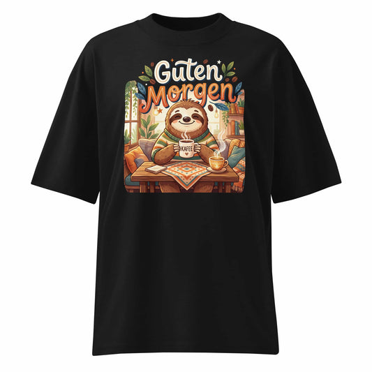 Unisex Oversized T-Shirt "Guten Morgen" in Schwarz – Faultier mit Kaffee Print – 100% Bio-Baumwolle | TextilRebell