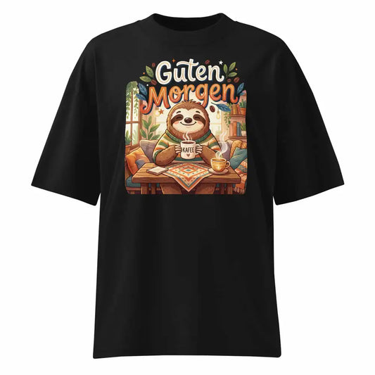 Unisex Oversized T-Shirt "Guten Morgen" in Schwarz – Faultier mit Kaffee Print – 100% Bio-Baumwolle | TextilRebell