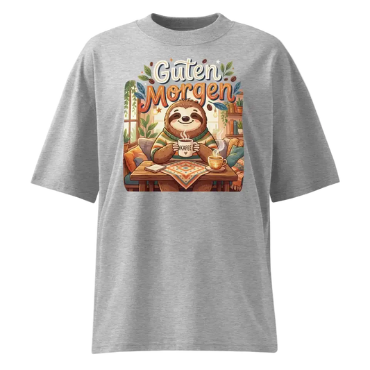 Unisex Oversized T-Shirt "Guten Morgen" in Heather Grau – Faultier mit Kaffee Print – 100% Bio-Baumwolle | TextilRebell