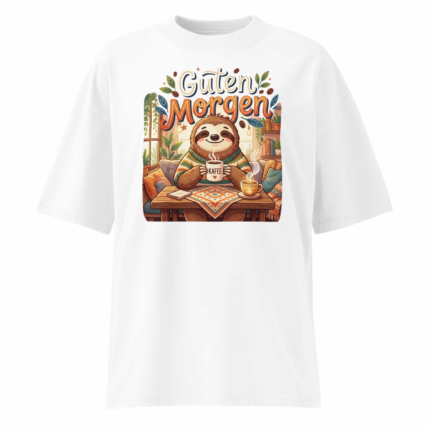 Unisex Oversized T-Shirt "Guten Morgen" in Weiß – Faultier mit Kaffee Print – 100% Bio-Baumwolle | TextilRebell