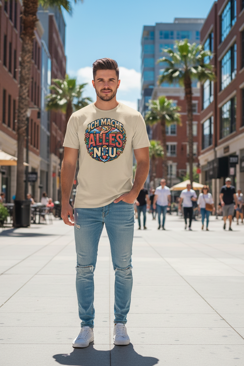 Herren Bio T-Shirt „Alles Neu" in Desert Dust – 100% GOTS Bio-Baumwolle, 155 g/m², normale Passform, S–2XL, faire Produktion | TextilRebell