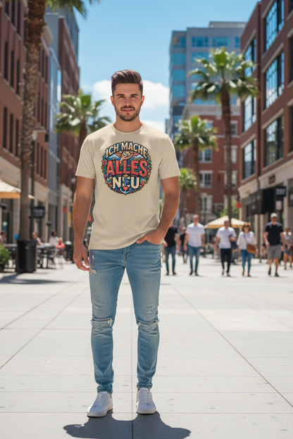 Herren Bio T-Shirt „Alles Neu" in Desert Dust – 100% GOTS Bio-Baumwolle, 155 g/m², normale Passform, S–2XL, faire Produktion | TextilRebell