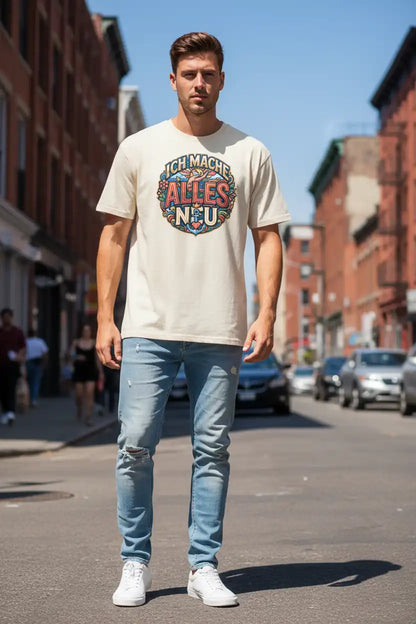 Herren Bio T-Shirt „Alles Neu" in Vintage White – 100% GOTS Bio-Baumwolle, 155 g/m², normale Passform, S–2XL, faire Produktion | TextilRebell