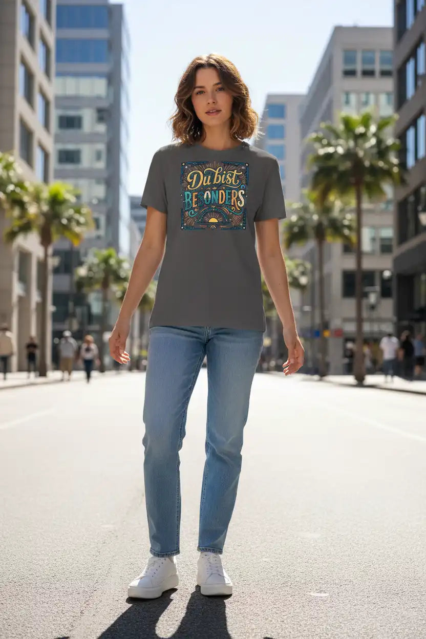 „Damen-Model trägt das anthrazitfarbene Bio-T-Shirt ‚Besonders‘ von TextilRebell aus 100 % Bio-Baumwolle mit 155 g/m² frontal im urbanen Umfeld.“