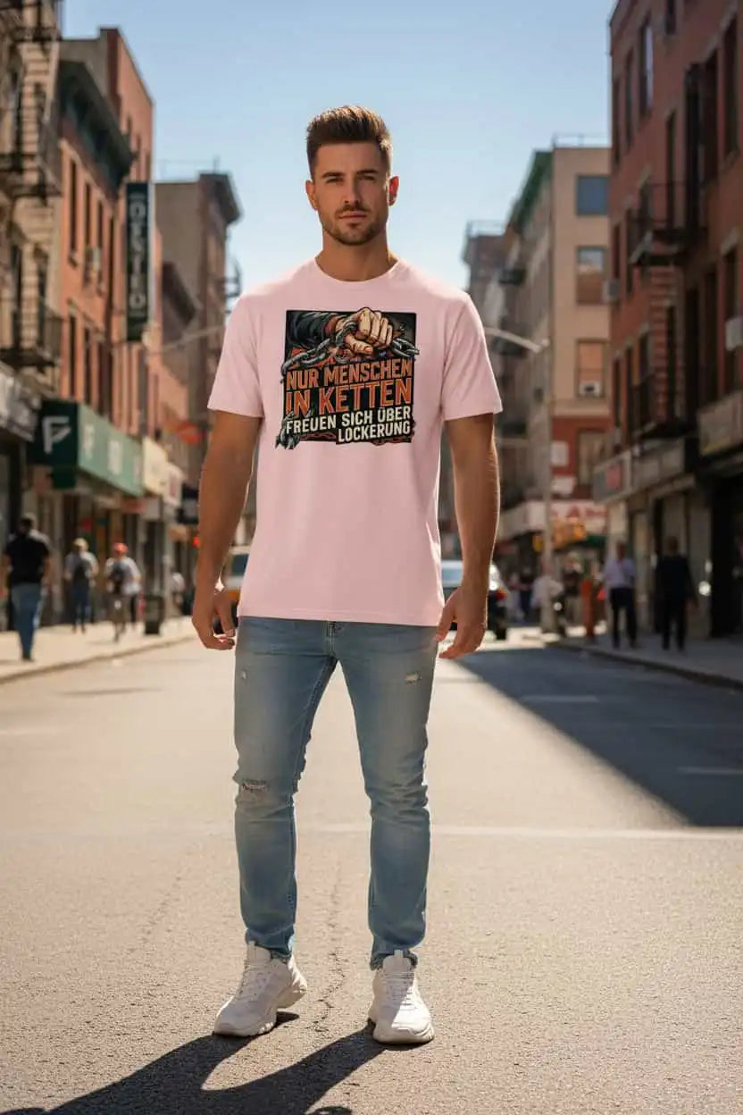 Herren Bio T-Shirt Cotton Pink 180g/m² – Statement-Print "In Ketten" – 100% Bio-Baumwolle GOTS nachhaltig | TextilRebell