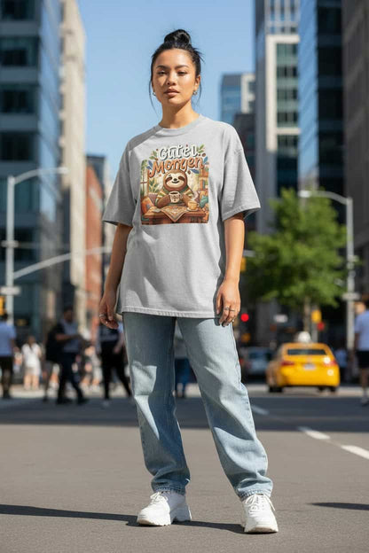 Unisex Oversized T-Shirt "Guten Morgen" in Heather Grau – Faultier mit Kaffee Print – 100% Bio-Baumwolle | TextilRebell