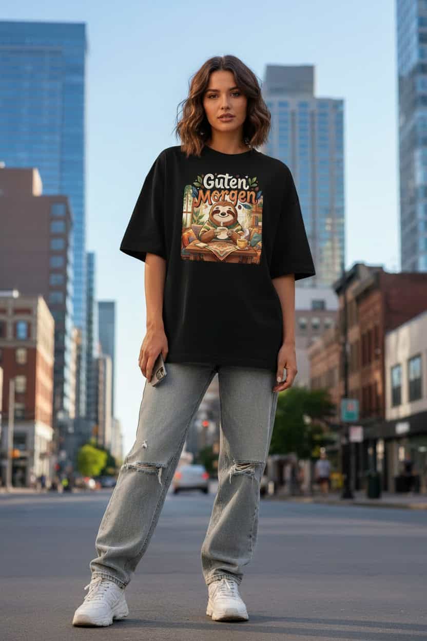 Unisex Oversized T-Shirt "Guten Morgen" in Schwarz – Faultier mit Kaffee Print – 100% Bio-Baumwolle | TextilRebell