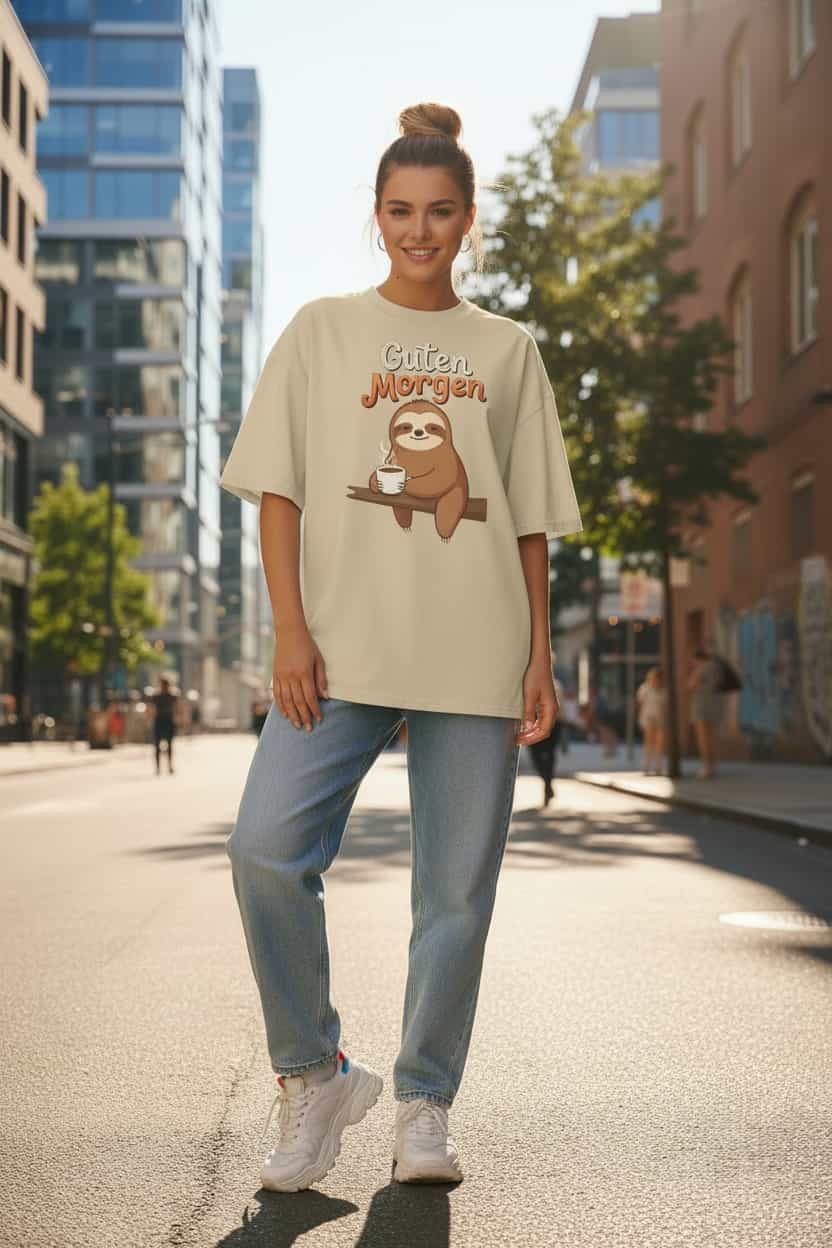 Unisex Oversized T-Shirt "Guten Morgen" in Stein – Faultier mit Kaffee Print – 100% Bio-Baumwolle | TextilRebell
