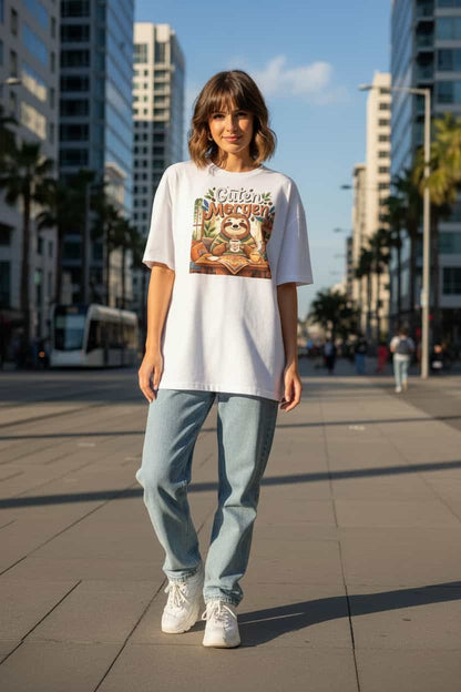 Unisex Oversized T-Shirt "Guten Morgen" in Weiß – Faultier mit Kaffee Print – 100% Bio-Baumwolle | TextilRebell