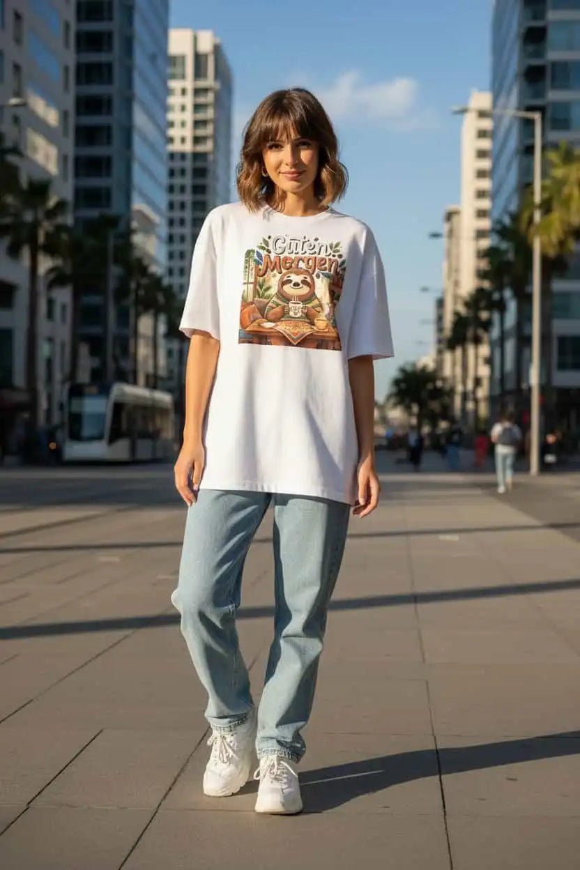 Unisex Oversized T-Shirt "Guten Morgen" in Weiß – Faultier mit Kaffee Print – 100% Bio-Baumwolle | TextilRebell