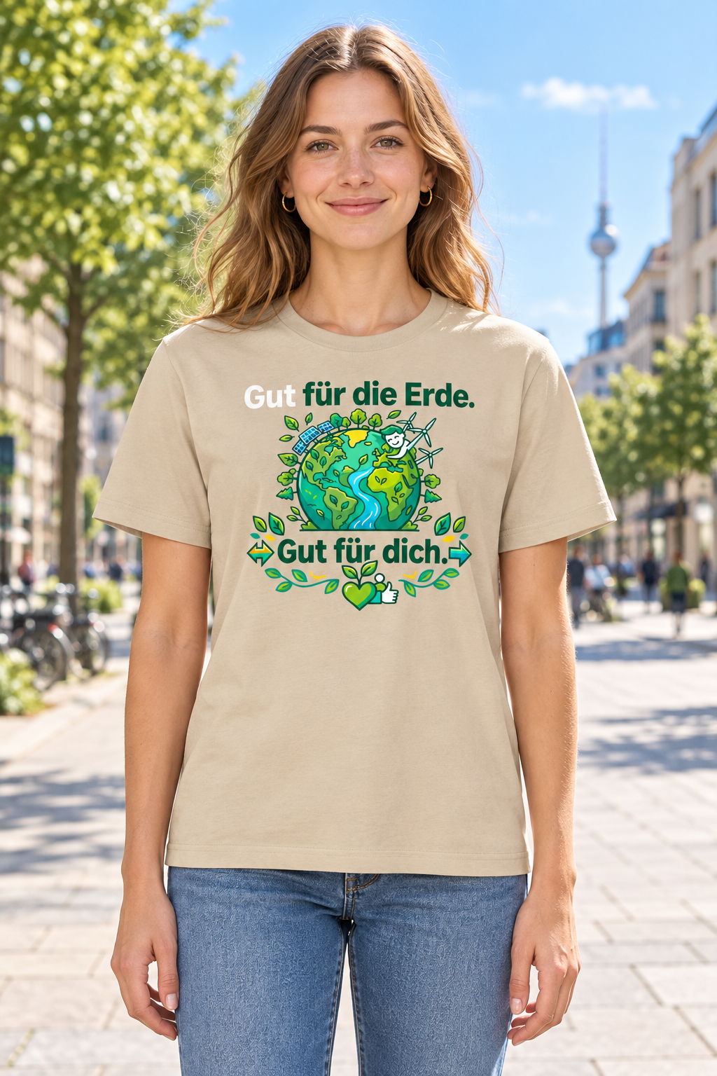 Damenmodel trägt beiges Unisex T-Shirt mit Erd-Motiv und Schriftzug „Gut für die Erde. Gut für dich.“, 100 % Bio-Baumwolle, 155 g/m²; Bio-Baumwollanteil GOTS-zertifiziert.