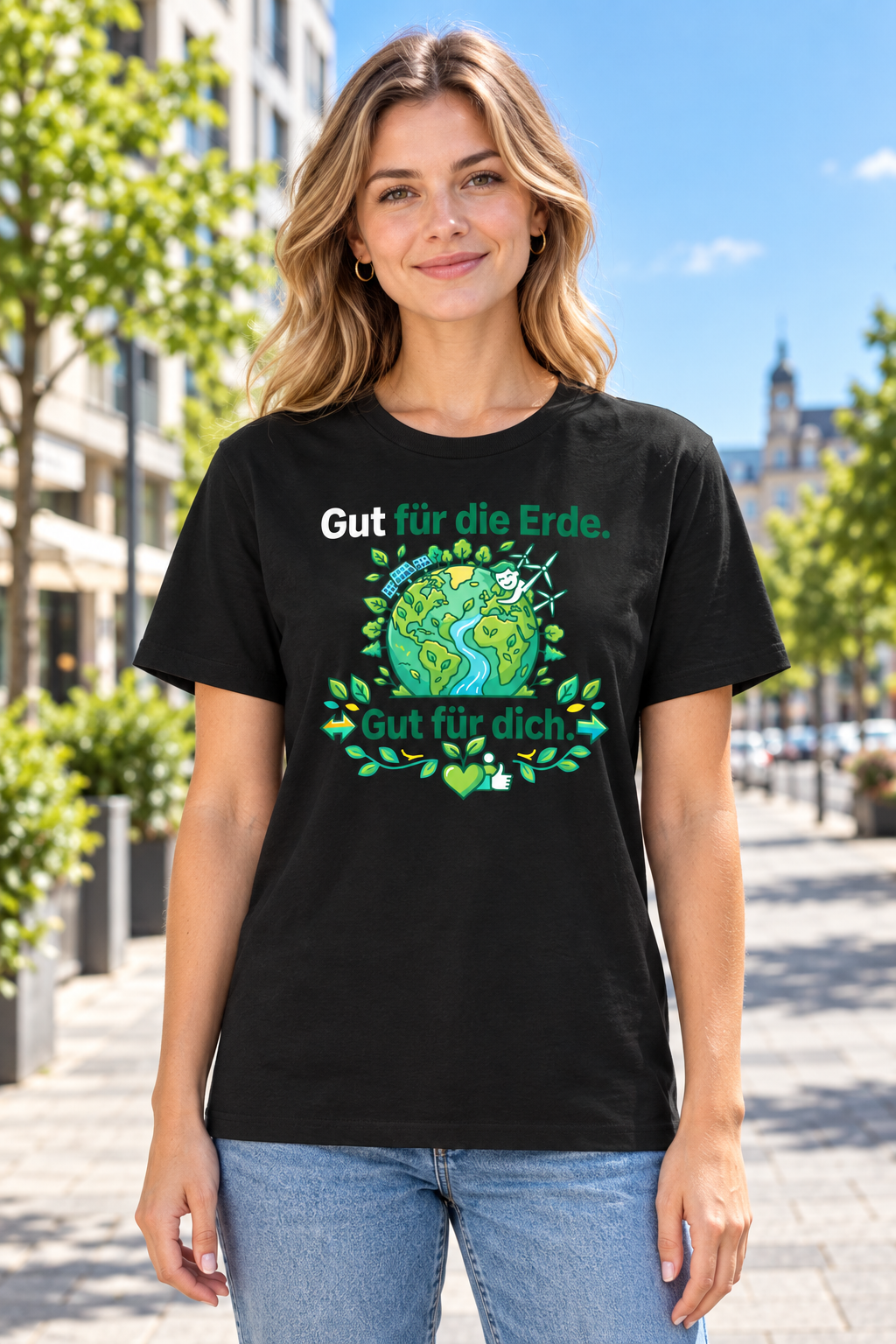  Damenmodel trägt schwarzes Unisex T-Shirt mit Erd-Motiv und Schriftzug „Gut für die Erde. Gut für dich.“, 100 % Bio-Baumwolle, 155 g/m²; Bio-Baumwollanteil GOTS-zertifiziert.