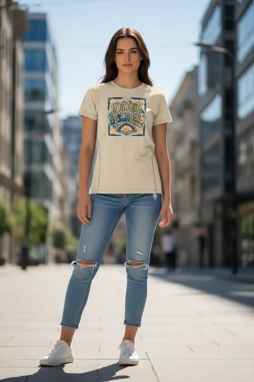 „Damen-Model trägt das Desert-Dust-Bio-T-Shirt ‚Besonders‘ von TextilRebell aus 100 % Bio-Baumwolle mit 155 g/m² in einer sonnigen Stadtkulisse.“