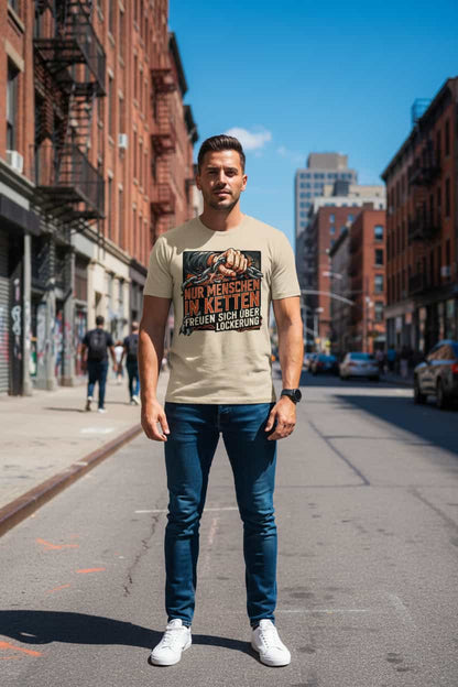 Herren Bio-Baumwolle T-Shirt in Desert Dust mit Statement-Print "Nur Menschen in Ketten freuen sich über Lockerung"  GOTS-zertifiziert, nachhaltige Streetwear von TextilRebell