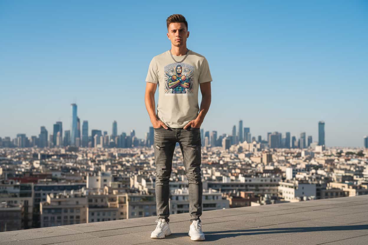 Herren Bio-Baumwolle T-Shirt Kraft in Desert Dust – Frontansicht, GOTS-zertifizierte Bio-Baumwolle, 180 g/m², TextilRebell