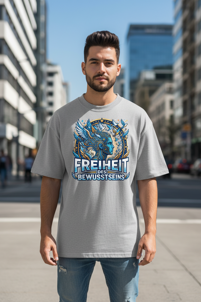 Junger Mann trägt Oversized Bio T-Shirt Freiheit des Bewusstseins in Heather Grau – 100% GOTS-zertifizierte Bio-Baumwolle, Streetwear-Passform | TextilRebell