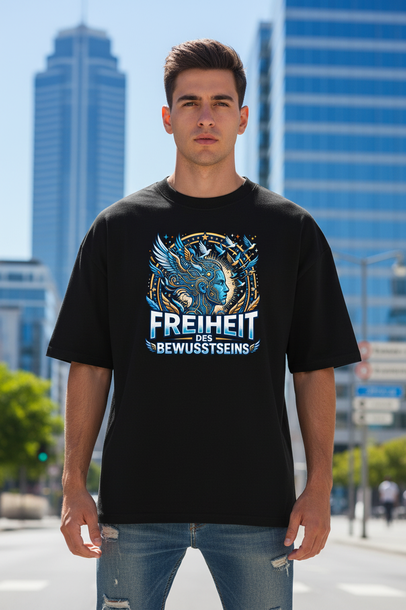 Junger Mann trägt Oversized Bio T-Shirt Freiheit des Bewusstseins in Schwarz – 100% GOTS-zertifizierte Bio-Baumwolle, Streetwear-Passform | TextilRebell
