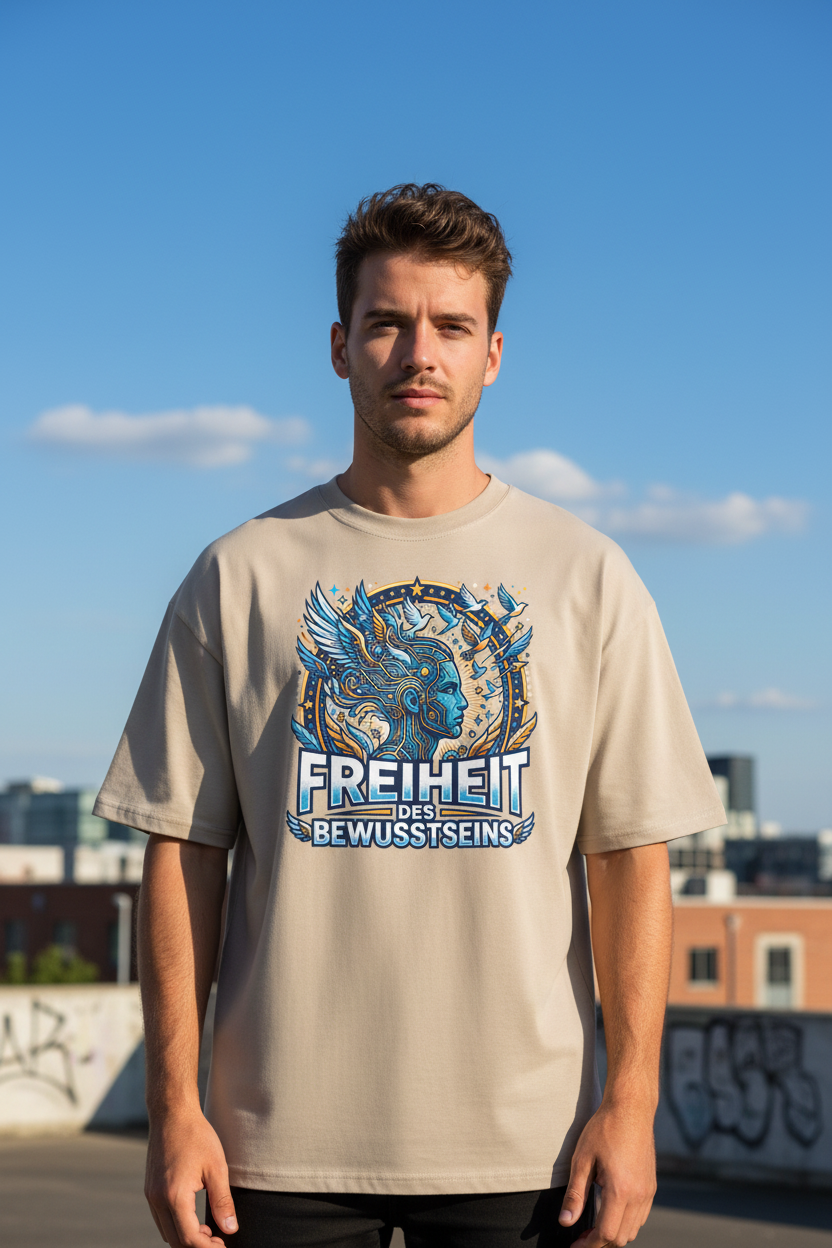 Junger Mann trägt Oversized Bio T-Shirt Freiheit des Bewusstseins in Stein – 100% GOTS-zertifizierte Bio-Baumwolle, Streetwear-Passform | TextilRebell