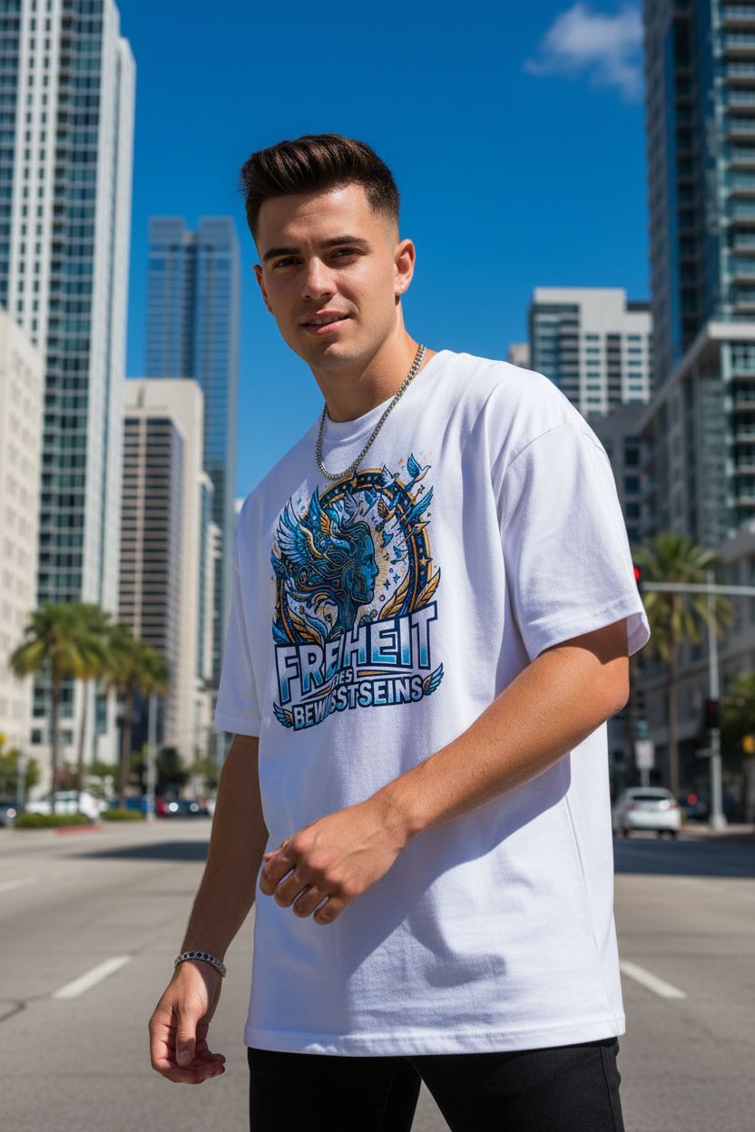 Junger Mann trägt Oversized Bio T-Shirt Freiheit des Bewusstseins in Weiß – 100% GOTS-zertifizierte Bio-Baumwolle, Streetwear-Passform | TextilRebell