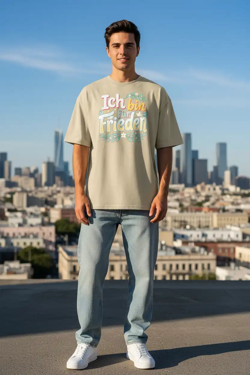 Unisex Oversized T-Shirt „Ich bin für Frieden" – Stein – 100% Bio-Baumwolle GOTS 200g – TextilRebell