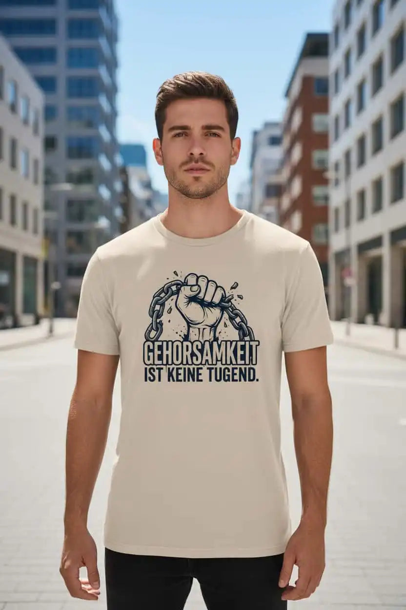 „Herren Bio T-Shirt Gehorsamkeit desert-dust von TextilRebell – 100% GOTS-zertifizierte Bio-Baumwolle, nachhaltiges Statement Streetwear"