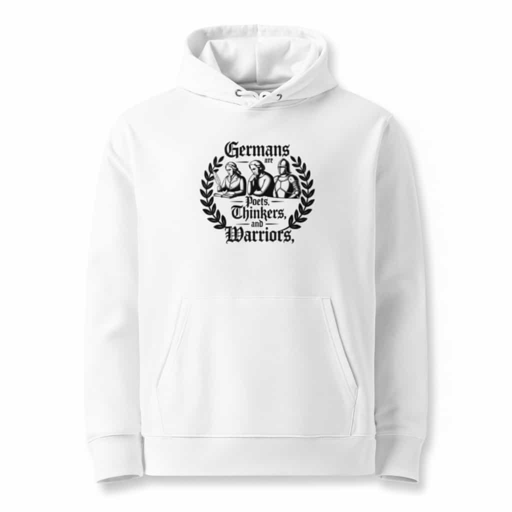 Weiß: Herren Bio Hoodie Germans are Poets Thinkers and Warriors Weiß von TextilRebell – GOTS-zertifiziert, 350 g/m²