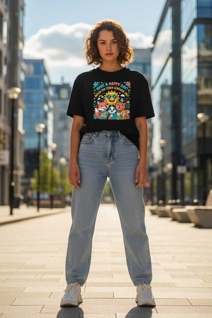 Schwarz: „Damen Bio T-Shirt Happy Schwarz von TextilRebell – Oversized, GOTS-zertifiziert, faire Produktion"