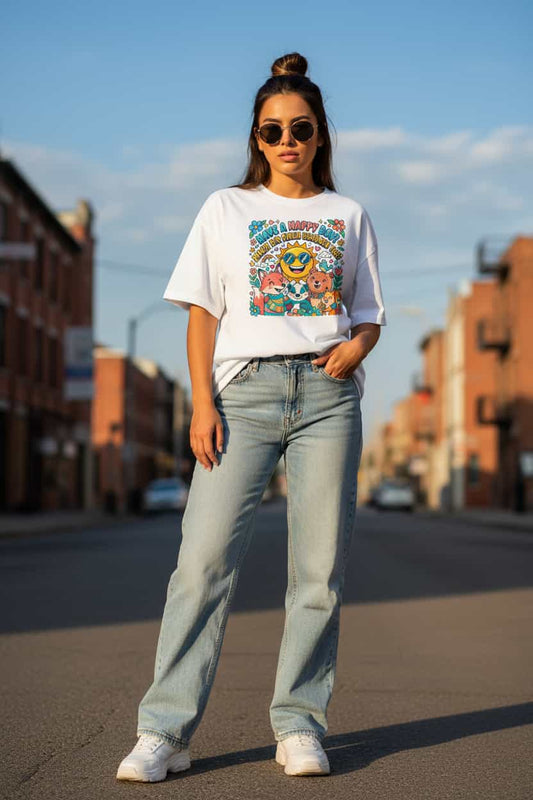 Weiß: „Damen Bio T-Shirt Happy Weiß von TextilRebell – Oversized, GOTS-zertifiziert, nachhaltige Streetwear"