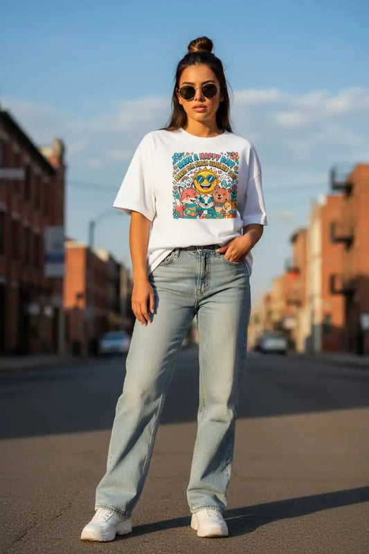 Weiß: „Damen Bio T-Shirt Happy Weiß von TextilRebell – Oversized, GOTS-zertifiziert, nachhaltige Streetwear"