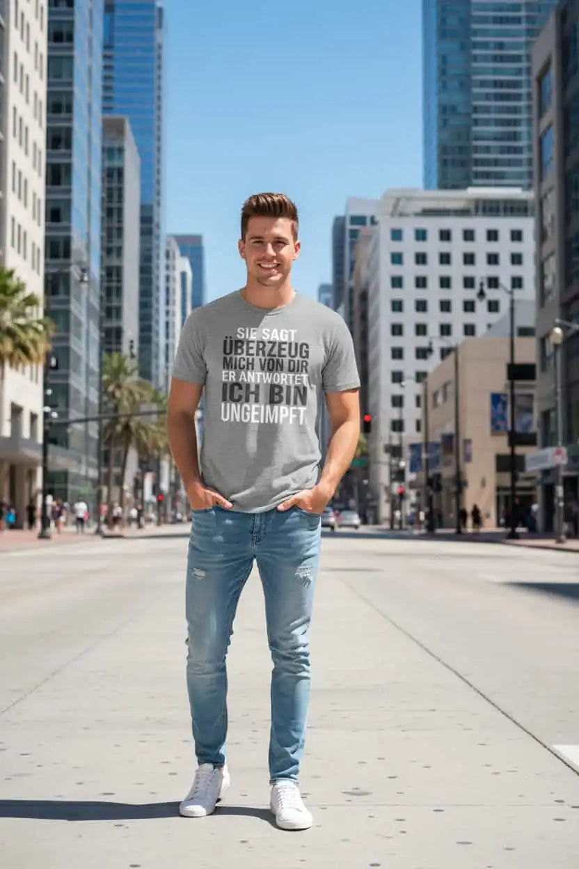 Unisex T-Shirt „Überzeuge mich“ in Heather Grau mit Statement-Print, Frontansicht, 100% Bio-Baumwolle, 180 g/m², GOTS-zertifiziert, TextilRebell.