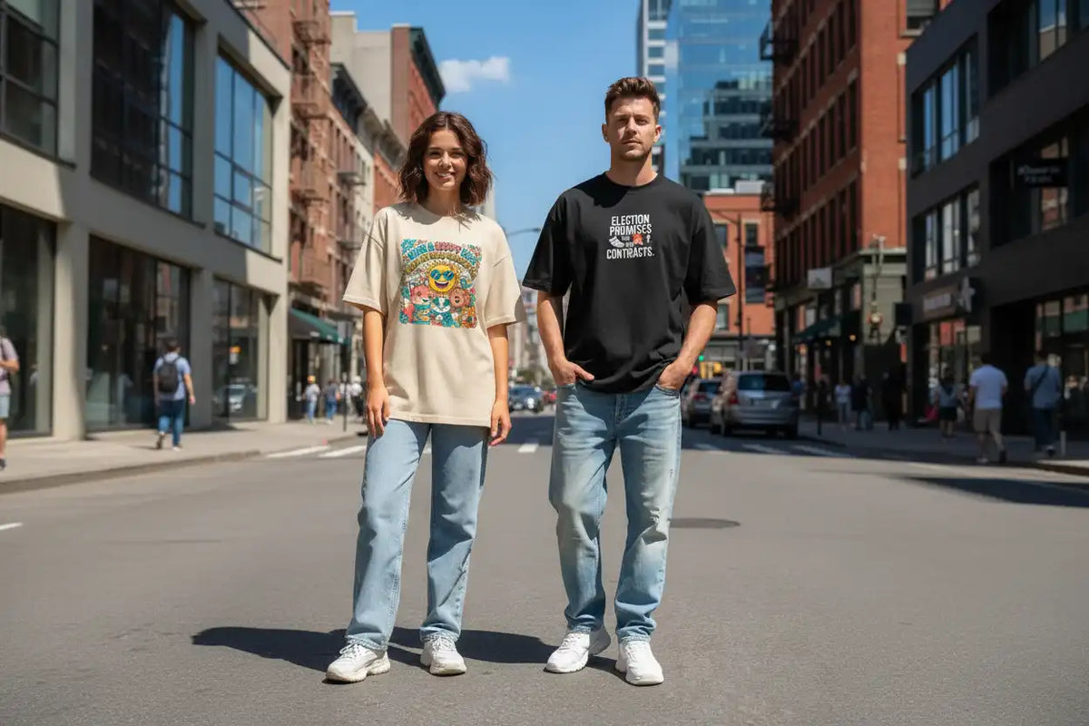 „Frau und Mann in Bio-Baumwoll T-Shirts mit Statement-Print im Streetwear-Style – nachhaltige Mode von TextilRebell"