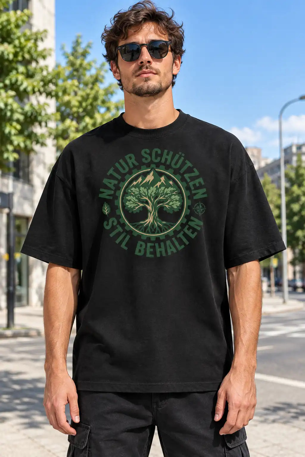 Herrenmodel in schwarzem Oversized-T-Shirt mit „Natur schützen, Stil behalten“-Motiv, 100 % Bio-Baumwolle, 200 g/m², Bio-Baumwollanteil GOTS-verifiziert.