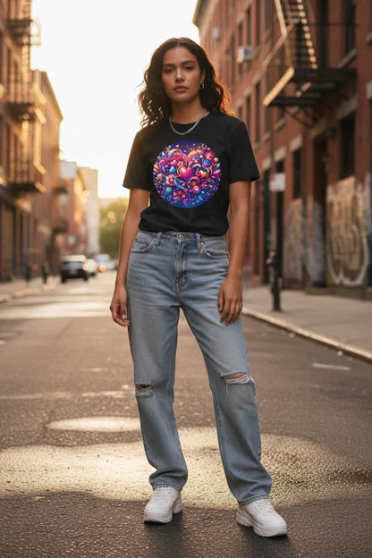 Schwarz: Damen Bio T-Shirt Herzen Schwarz von TextilRebell – GOTS-zertifiziert, 180 g/m², nachhaltiger Streetwear-Style
