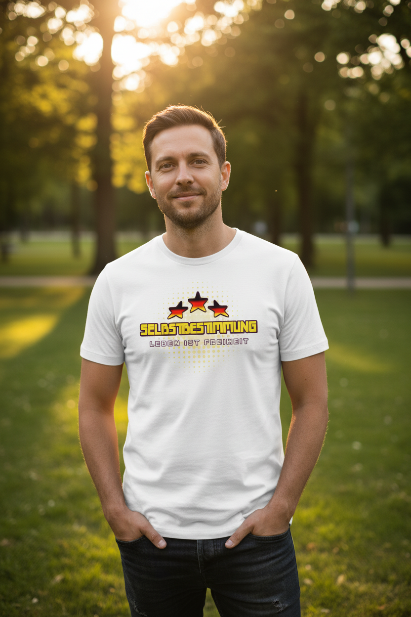 Mann Mitte 30 trägt das T-Shirt Selbstbestimmung im Park
