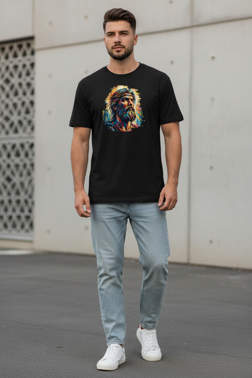 Selbstbewusster junger Mann trägt Herren Bio T-Shirt Mann im urbanen Streetwear-Stil