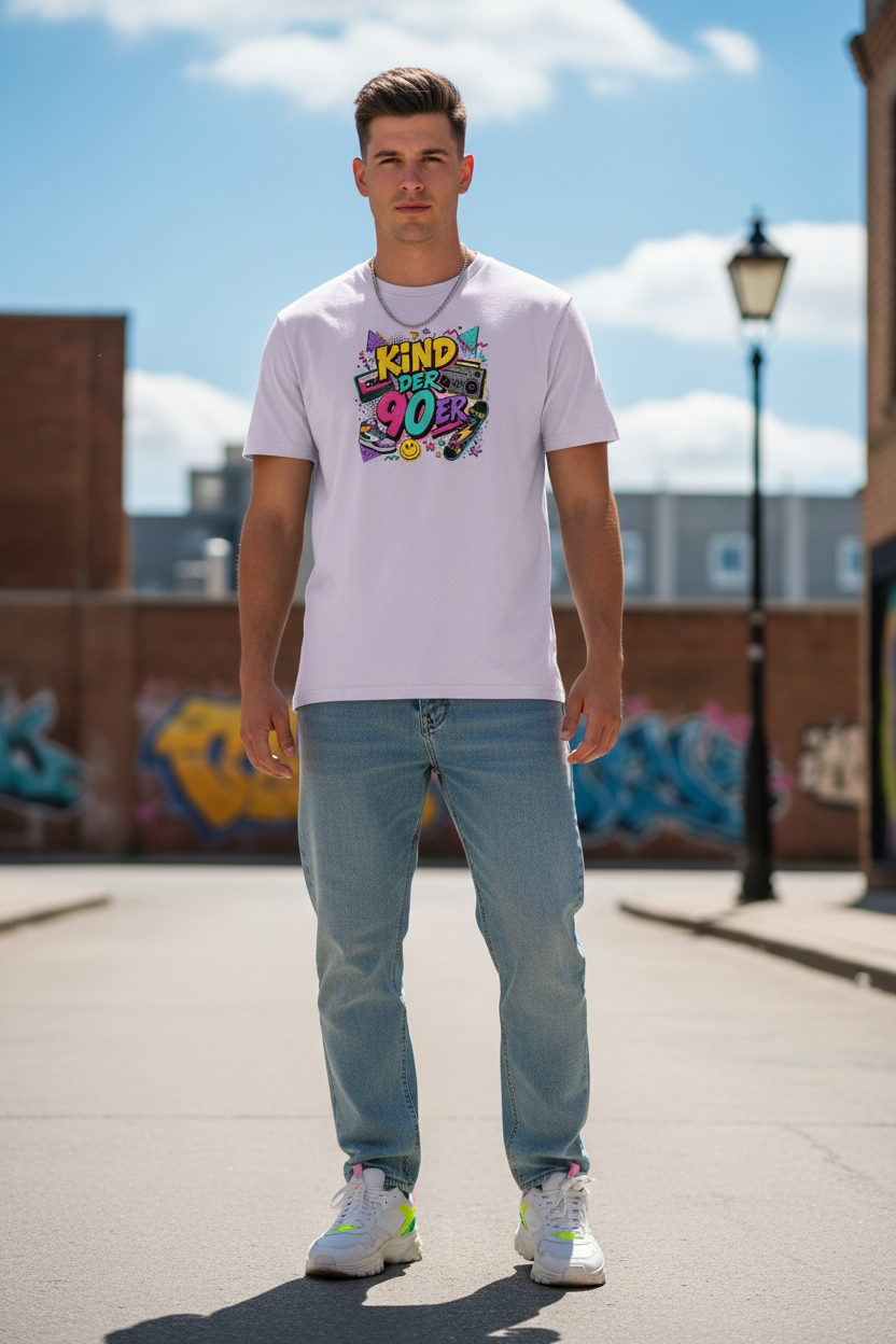  „Herren T-Shirt Kind der 90er – 100% Bio-Baumwolle, GOTS zertifiziert, Farbe Lavendel"