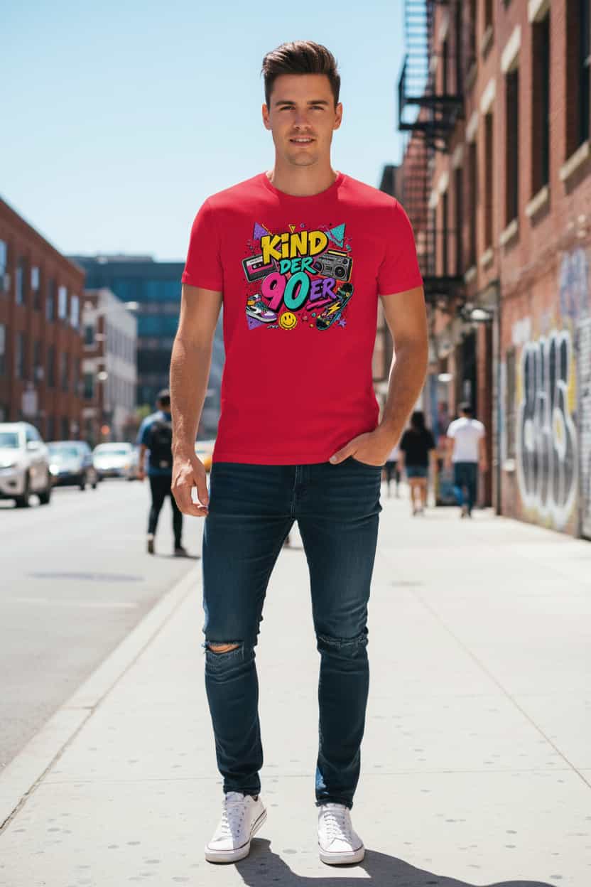  „Herren T-Shirt Kind der 90er – 100% Bio-Baumwolle, GOTS zertifiziert, Farbe Rot 