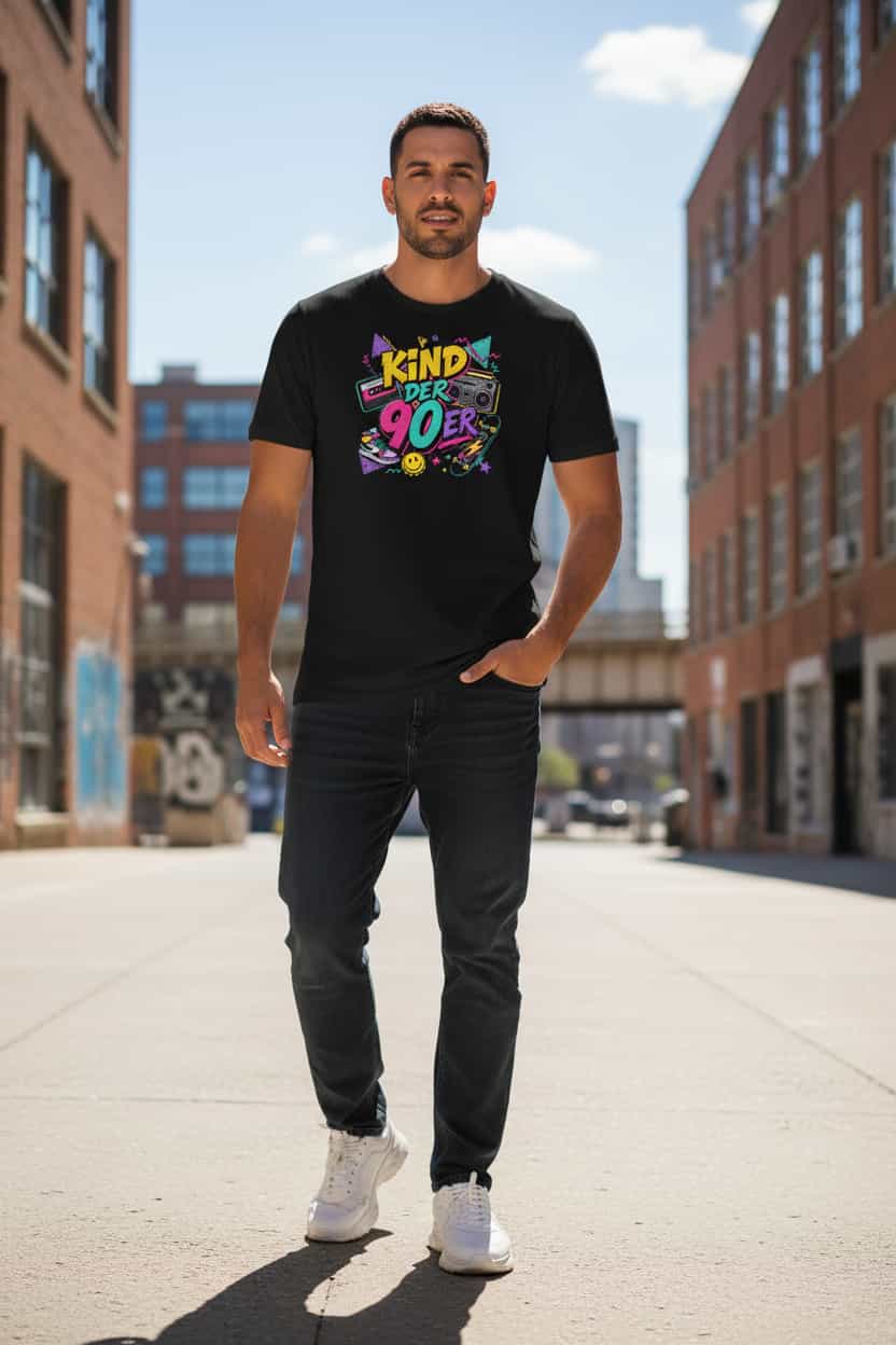  „Herren T-Shirt Kind der 90er – 100% Bio-Baumwolle, GOTS zertifiziert, Farbe Schwarz"