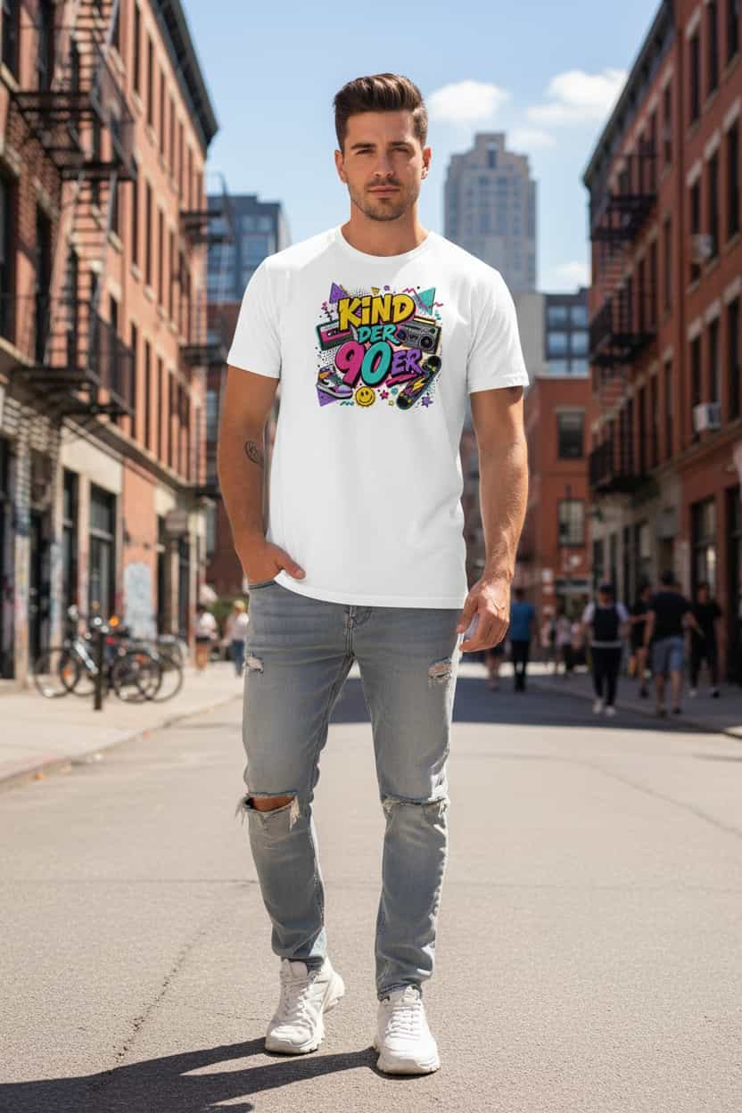 „Herren T-Shirt Kind der 90er – 100% Bio-Baumwolle, GOTS zertifiziert, Farbe Weiß"