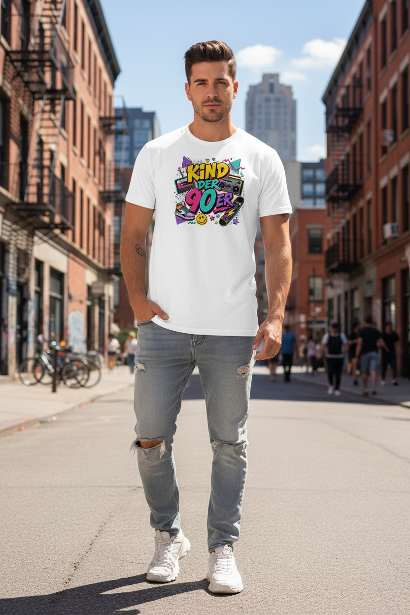 „Herren T-Shirt Kind der 90er – 100% Bio-Baumwolle, GOTS zertifiziert, Farbe Weiß"