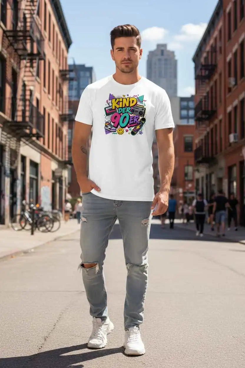 „Herren T-Shirt Kind der 90er – 100% Bio-Baumwolle, GOTS zertifiziert, Farbe Weiß"