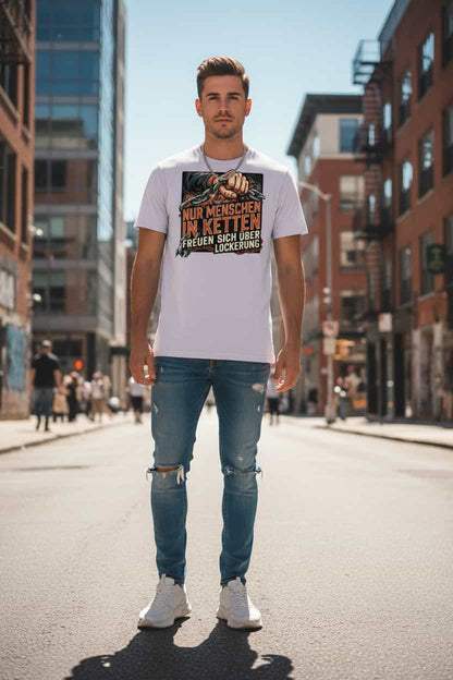 Herren Bio-Baumwolle T-Shirt in Lavendel mit Statement-Print "Nur Menschen in Ketten freuen sich über Lockerung" – männlicher Model trägt das Shirt in urbaner Stadtkulisse bei strahlendem Sonnenschein und blauem Himmel – GOTS-zertifiziert, nachhaltige Streetwear von TextilRebell