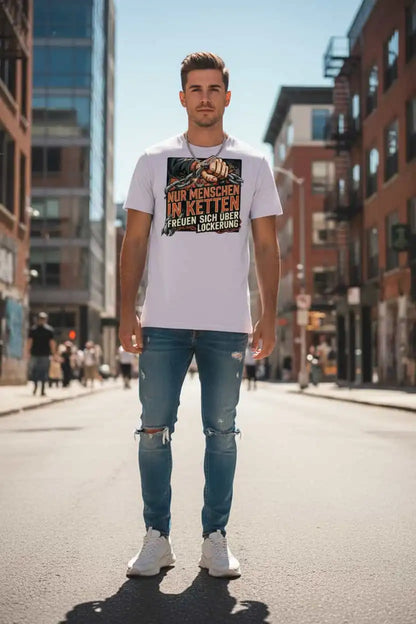 Herren Bio T-Shirt Lavendel 180g/m² – Statement-Print "In Ketten" – 100% Bio-Baumwolle GOTS nachhaltig | TextilRebell