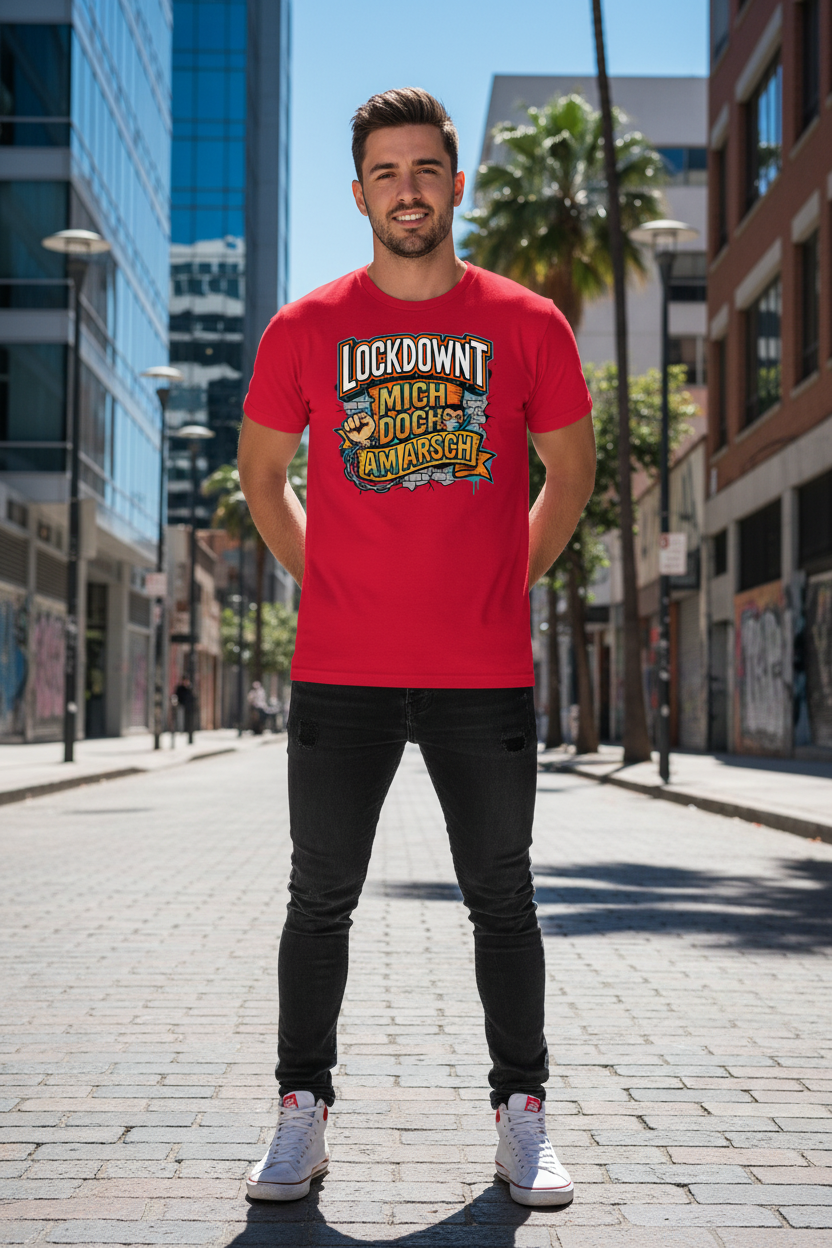 Rot (Lifestyle): Herren Bio T-Shirt Lockdownt Rot von TextilRebell – GOTS-zertifiziert, 180 g/m², Statement Streetwear
