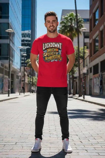  Herren Bio T-Shirt Lockdownt Rot von TextilRebell – GOTS-zertifiziert, 180 g/m², Statement Streetwear