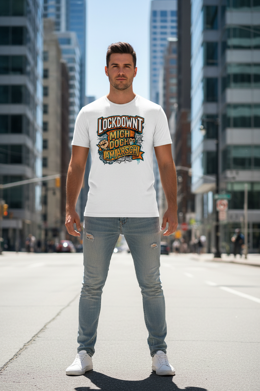 Weiß (Lifestyle): Herren Bio T-Shirt Lockdownt Weiß von TextilRebell – GOTS-zertifiziert, 180 g/m², Statement Streetwear