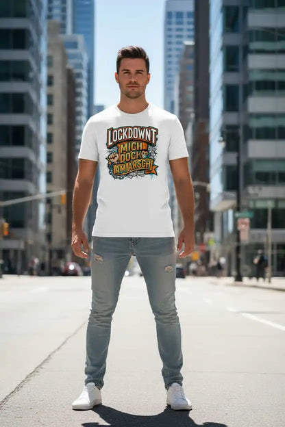 Weiß (Lifestyle): Herren Bio T-Shirt Lockdownt Weiß von TextilRebell – GOTS-zertifiziert, 180 g/m², Statement Streetwear