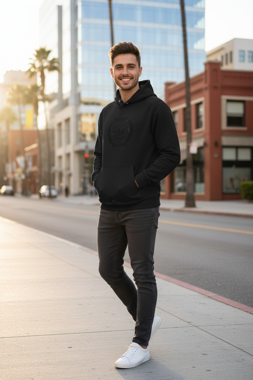 Mann mit schwarzem Hoodie in der Stadt