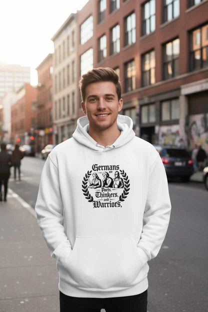 Weiß: Herren Bio Hoodie Germans are Poets Thinkers and Warriors Weiß von TextilRebell – GOTS-zertifiziert, 350 g/m²
